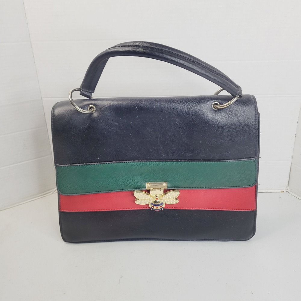 Unbranded Women Bee Satchel Handbag Medium Black Green Red Stripe Top Handle